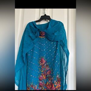 Embroidered Teal Dress with Floral Accents